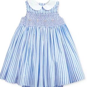 Ralph Lauren Baby Girls 9m 100%Cotton  Smocked Blue White Stripe Roses Dress
